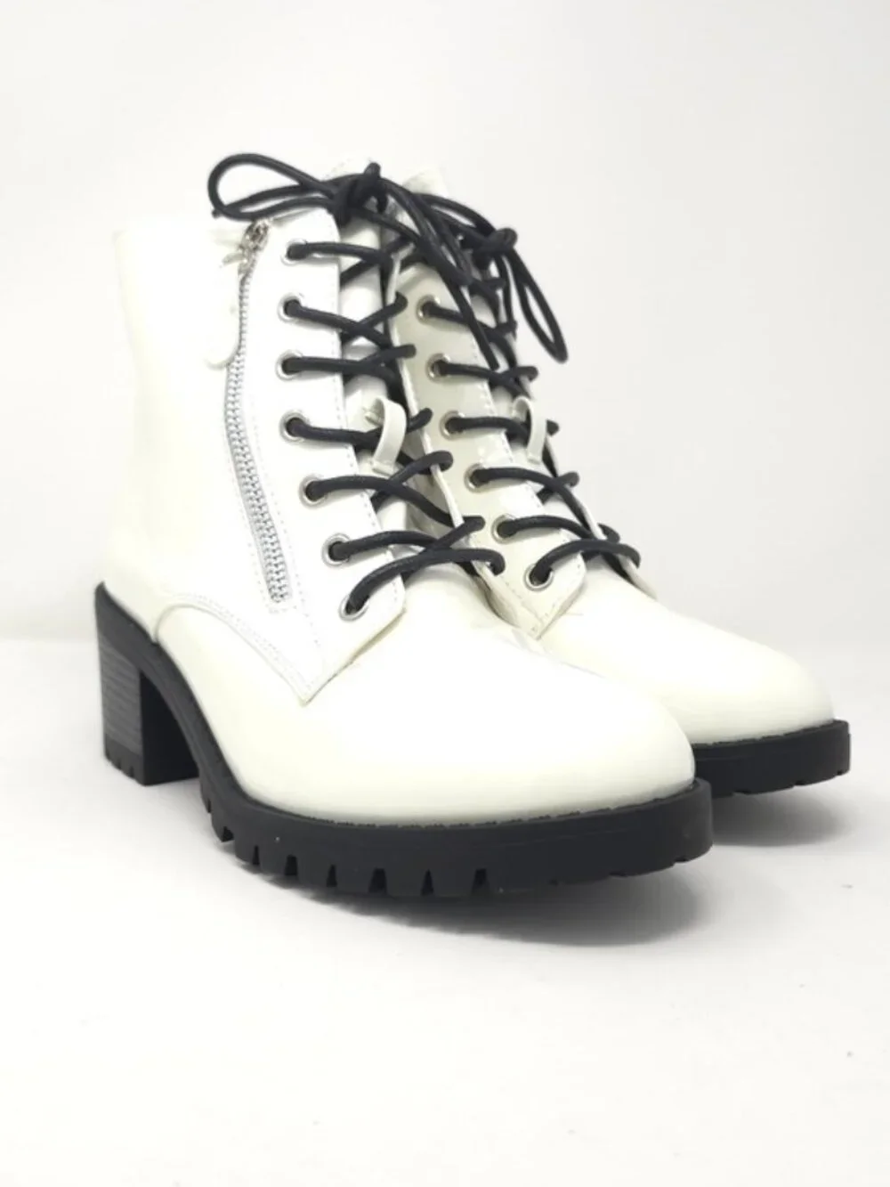 Combat Boots Chunky Heel Lace Up Side Zipper Faux Leather White Pat Ankle Boot - Picture 2 of 12